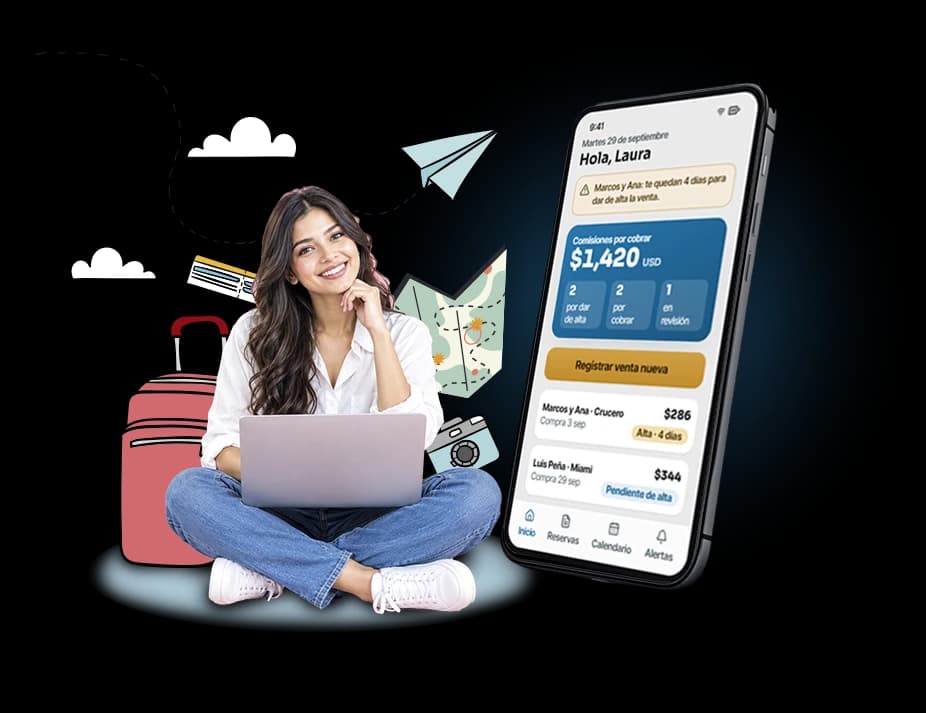 Una agente de viajes sonriendo con su computadora, junto a la pantalla de inicio de AgentTrack en un celular